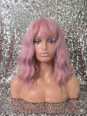 Pink Wavy Short Bob Wig with Bangs